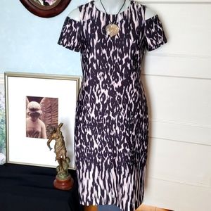 Calvin Klein black & cream midi animal print cold shoulder scuba dress, 8